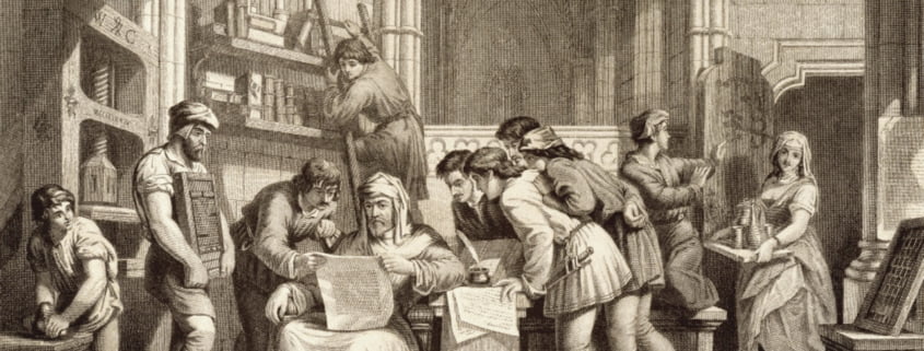 William Caxton – Examining First Proof Sheet from His Printing Press